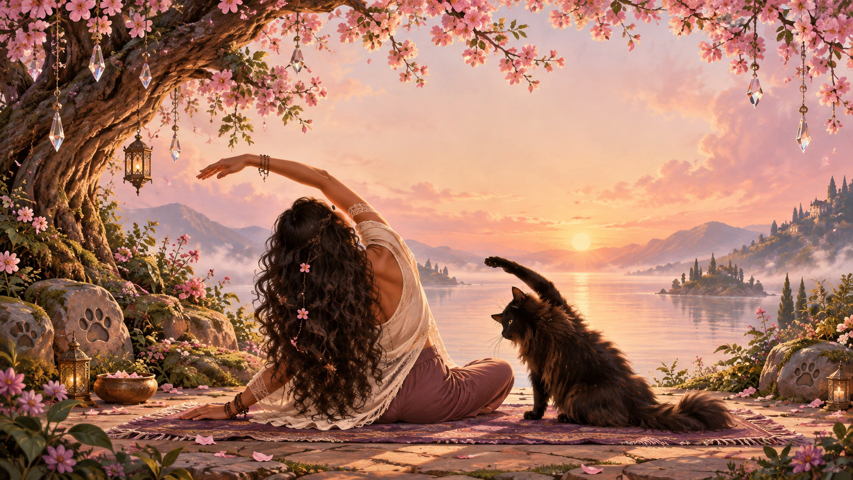 Suzi Teitelman stretching beside a lake at sunset with a black cat